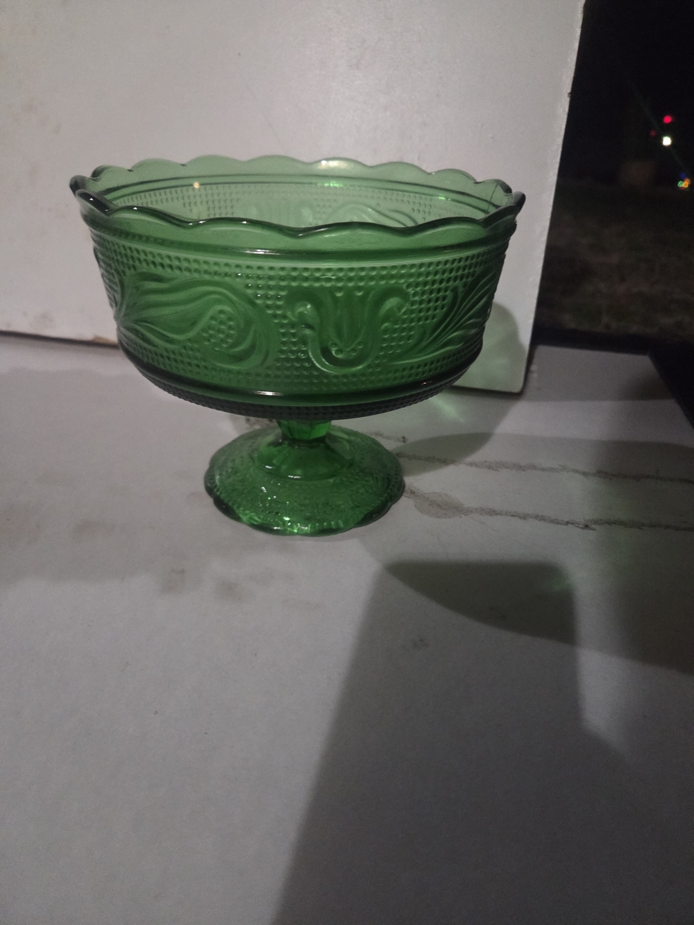 Green Pressed Glass Pedestal Compote